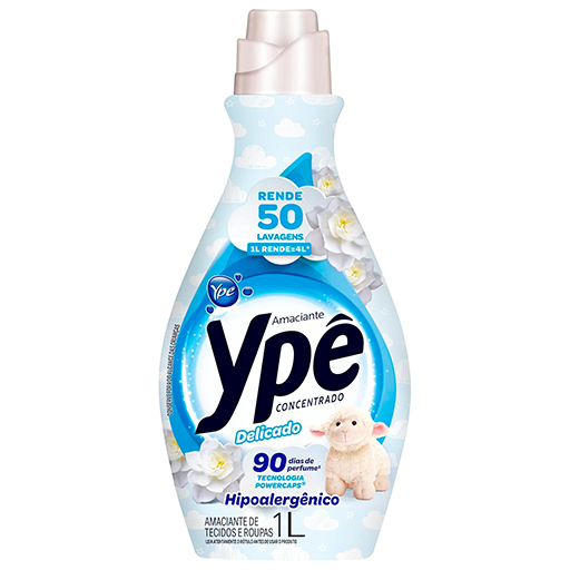Amaciante Ypê Concentrado Delicado, embalagem de 1L, hipoalergênico e dermatologicamente testado, com tecnologia Power Caps e perfume suave por até 90 dias. Ideal para peles sensíveis.
