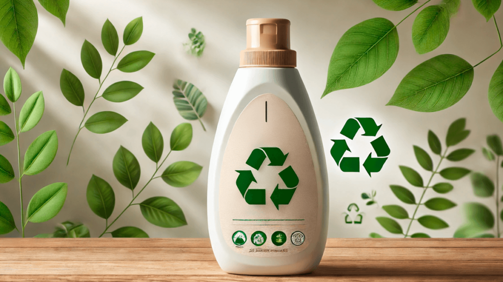 Embalagem de amaciante eco-friendly com selo de sustentabilidade em um ambiente natural, destacando a escolha de produtos biodegradáveis para reduzir o impacto ambiental.