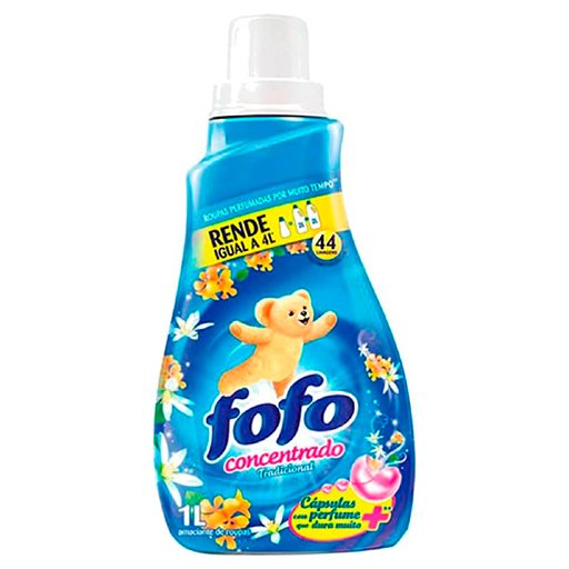 Frasco de amaciante Fofo Concentrado Tradicional 1L, com cápsulas de perfume e rendimento equivalente a 4L, proporcionando roupas perfumadas e macias.
