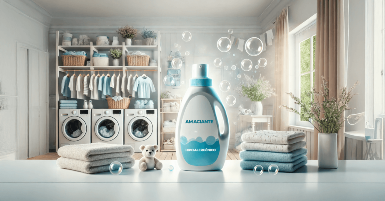 Frasco de amaciante hipoalergênico em um ambiente de lavanderia organizado, com roupas penduradas, toalhas dobradas, máquinas de lavar modernas e decoração aconchegante.