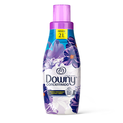 A imagem apresenta o amaciante Downy Lírios do Campo, embalado em um frasco de design moderno com detalhes florais em tons lilases. Com rendimento de 2L e proteção contra maus odores, ele garante roupas perfumadas e frescas por muito mais tempo. Ideal para quem deseja um toque floral suave e duradouro no dia a dia, sendo uma excelente opção para quem procura o melhor amaciante Downy com aroma delicado e eficiente.