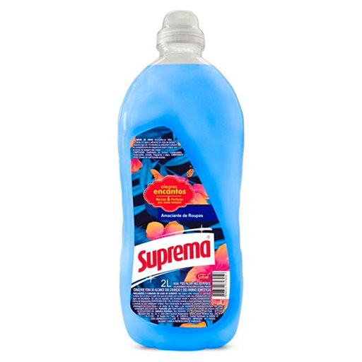 Frasco de amaciante Suprema Alegres Encantos 2L, destacando sua fragrância suave e agradável, ideal para proporcionar maciez e perfume às roupas.