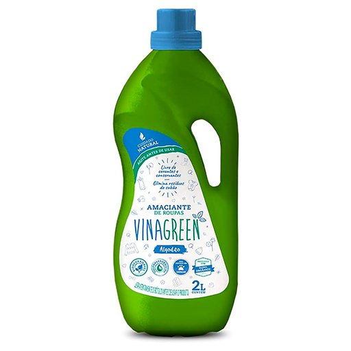 Frasco de amaciante Vinagreen Algodão 2L, com fórmula vegana e biodegradável, ideal para roupas macias e cuidado com o meio ambiente.