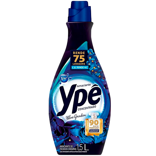 Amaciante Ypê Concentrado Blue Garden, embalagem de 1,5L, com tecnologia Power Caps para até 90 dias de perfume e rendimento de 75 lavagens. Ideal para maciez e fragrância floral intensa.
