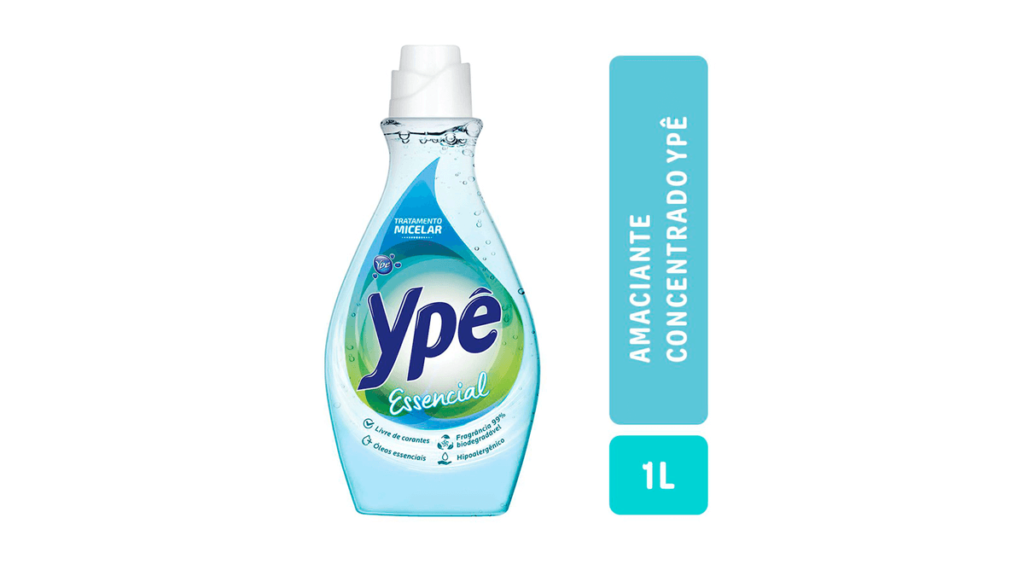 Amaciante Ypê Essencial, embalagem de 1L, com tratamento micelar, fórmula hipoalergênica, livre de corantes e 99% biodegradável. Ideal para peles sensíveis e cuidado sustentável.