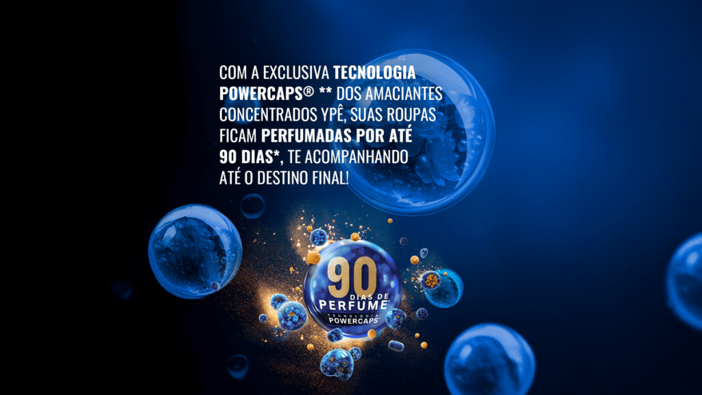 Ilustração destacando a tecnologia Power Caps dos amaciantes Ypê, com microcápsulas de perfume que garantem até 90 dias de fragrância duradoura nas roupas.