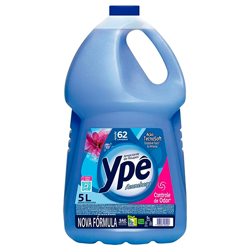 Amaciante Ypê Tradicional Aconchego, embalagem de 5L, com nova fórmula e tecnologia TecnoSoft para controle de odor. Oferece maciez duradoura e fragrância floral envolvente.