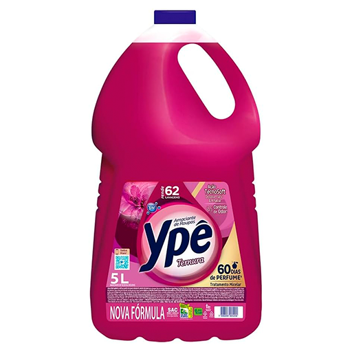 Amaciante Ypê Tradicional Ternura, embalagem de 5L, com nova fórmula, tecnologia TecnoSoft e 60 dias de perfume. Proporciona maciez e uma fragrância suave e delicada.