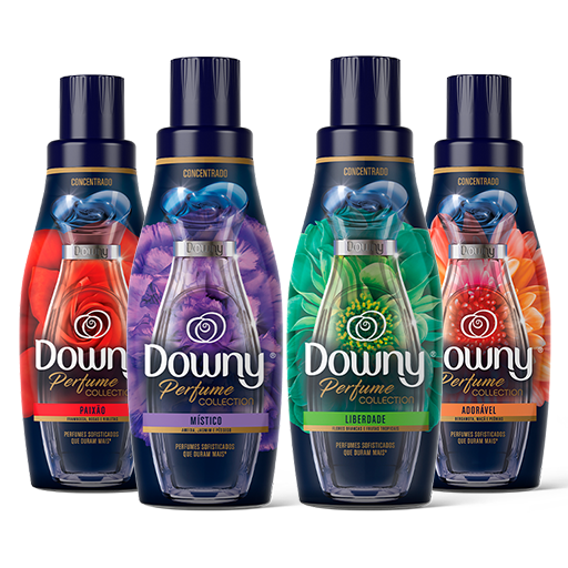 A imagem apresenta os amaciantes da linha Downy Perfume Collection, com suas variantes Paixão, Místico, Liberdade e Adorável. Cada fragrância é embalada em recipientes modernos e elegantes, destacando o poder de perfumes sofisticados que duram por muito mais tempo. Perfeitos para transformar suas roupas em verdadeiras experiências aromáticas, esses amaciantes são ideais para quem busca o melhor amaciante Downy para combinar luxo e frescor no dia a dia.