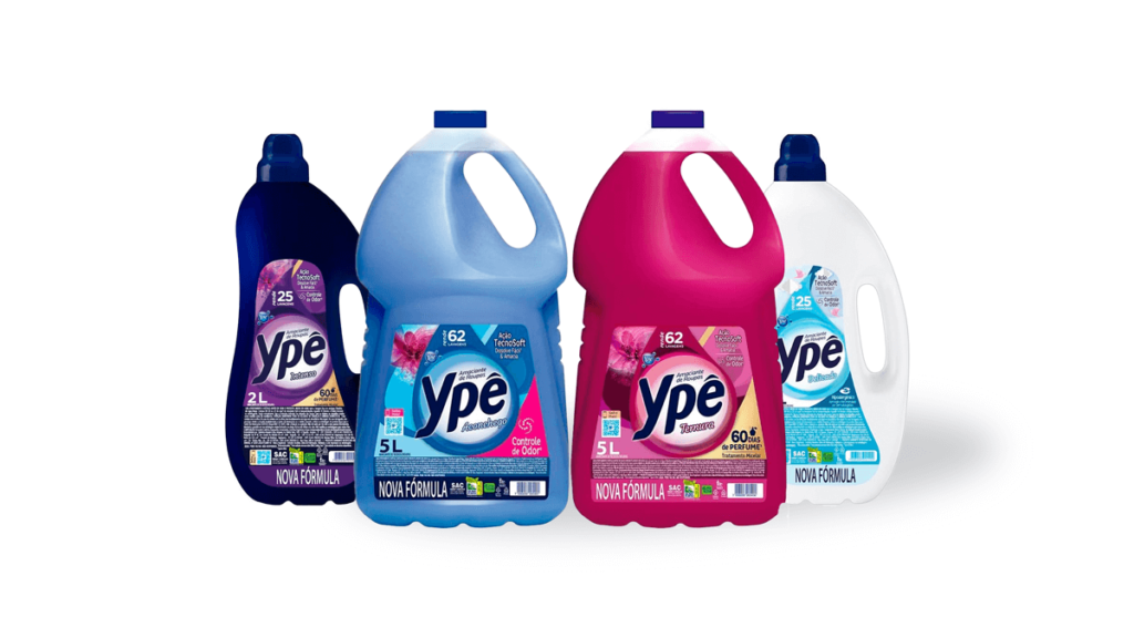 Imagem de diversas embalagens do melhor amaciante Ypê, incluindo as versões Intenso, Aconchego, Ternura e Suavidade. Ideal para quem busca maciez, perfume duradouro e cuidado completo com as roupas.