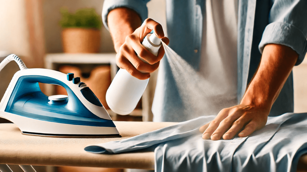 Pessoa borrifando mistura de água e amaciante em uma camisa antes de passar, destacando o truque para intensificar o perfume nas roupas com a ajuda do calor do ferro.