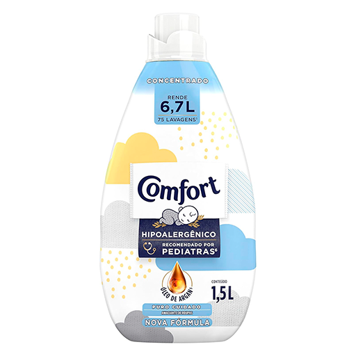 Embalagem do amaciante hipoalergênico Comfort Puro Cuidado concentrado, 1,5L, com destaque para sua fórmula suave, dermatologicamente testada, livre de corantes e fragrâncias artificiais, ideal para peles sensíveis.