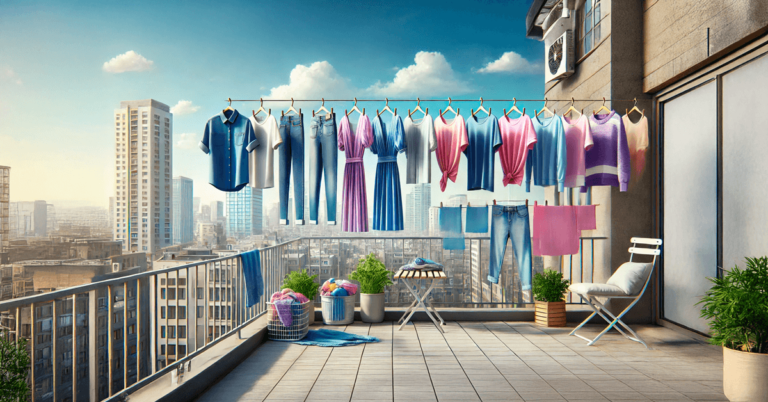 Varal com roupas coloridas em uma varanda de apartamento, cenário urbano moderno, destacando dicas de uso de amaciante em 2025.