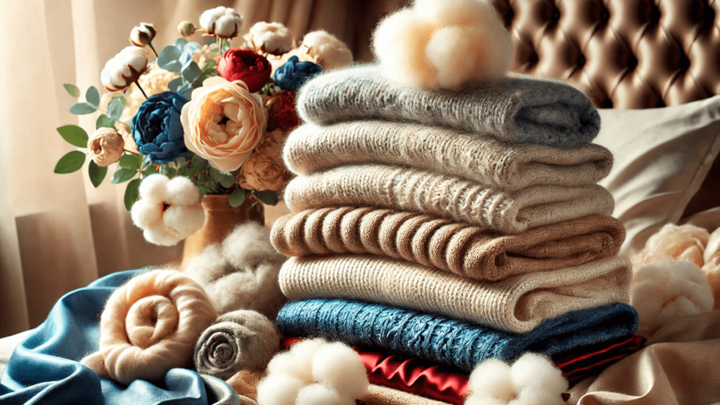 Pilha de roupas de lã e seda cuidadosamente dobradas em um ambiente aconchegante, destacando dicas de uso de amaciantes específicos para manter a maciez e a delicadeza desses tecidos nobres.