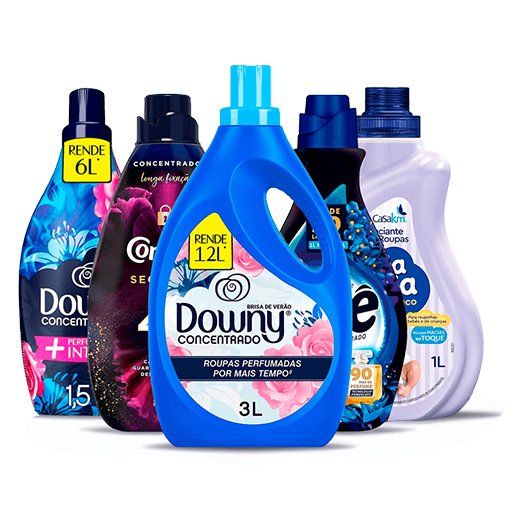 Imagem destacando os melhores amaciantes de 2025, com frascos de marcas como Downy, Comfort e Ypê, representando opções concentradas e perfumadas para roupas macias e cheirosas.