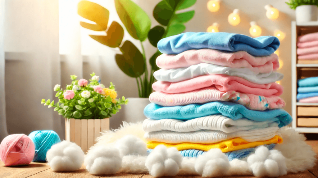 Pilha de roupas de algodão macias e coloridas sobre uma superfície aconchegante, destacando dicas de uso de amaciantes para garantir conforto no dia a dia.