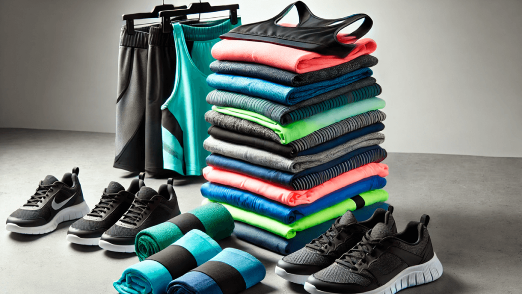 Pilha de roupas esportivas dobradas ao lado de tênis e acessórios de academia, destacando dicas de uso de amaciantes para manter o frescor e a performance durante os treinos.