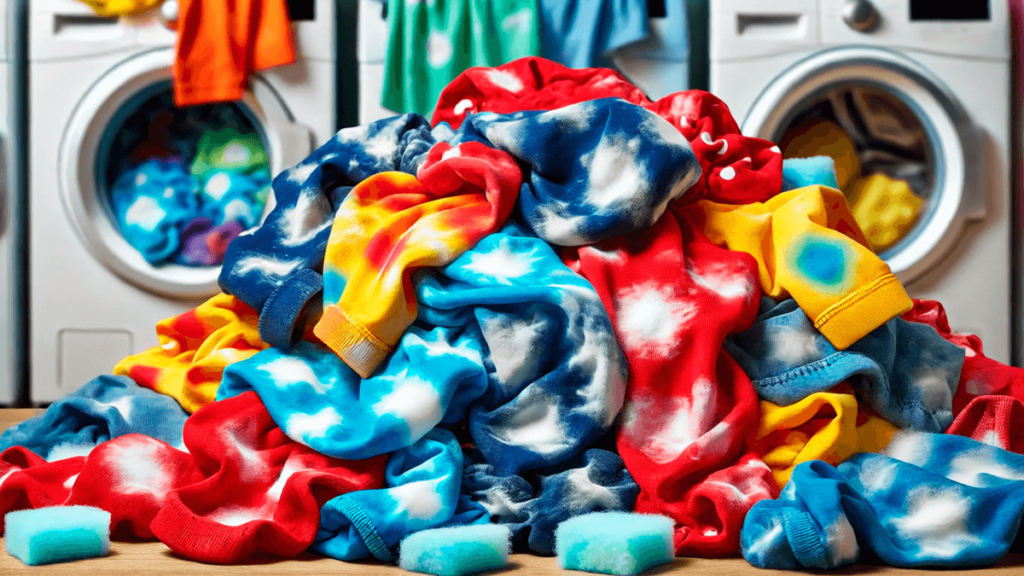 Pilha de roupas coloridas manchadas por amaciante, destacando dicas para evitar marcas indesejadas e garantir roupas sempre impecáveis.