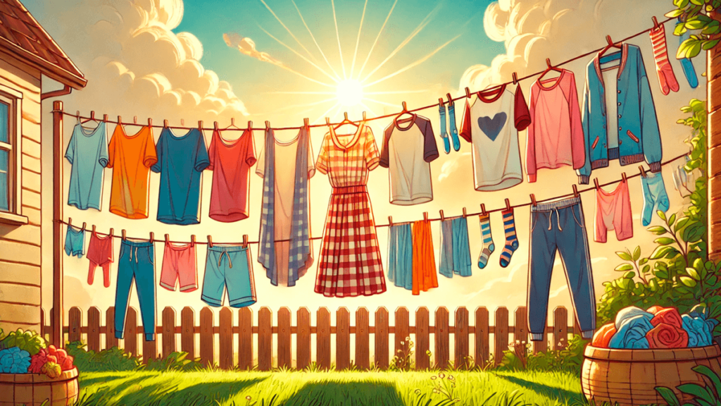 Imagem ilustrativa de roupas coloridas secando ao ar livre em um varal sob o sol, destacando dicas de uso de amaciantes para uma secagem eficiente e natural.