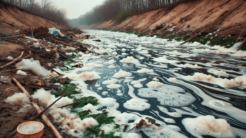 Rio poluído com espuma de amaciante e resíduos nas margens, destacando os impactos ambientais causados pelo uso inadequado de produtos químicos.