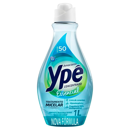 Embalagem do amaciante hipoalergênico Ypê Essencial concentrado, 1L, com destaque para sua fórmula com tratamento micelar, livre de corantes e fragrâncias artificiais, biodegradável e ideal para peles sensíveis.